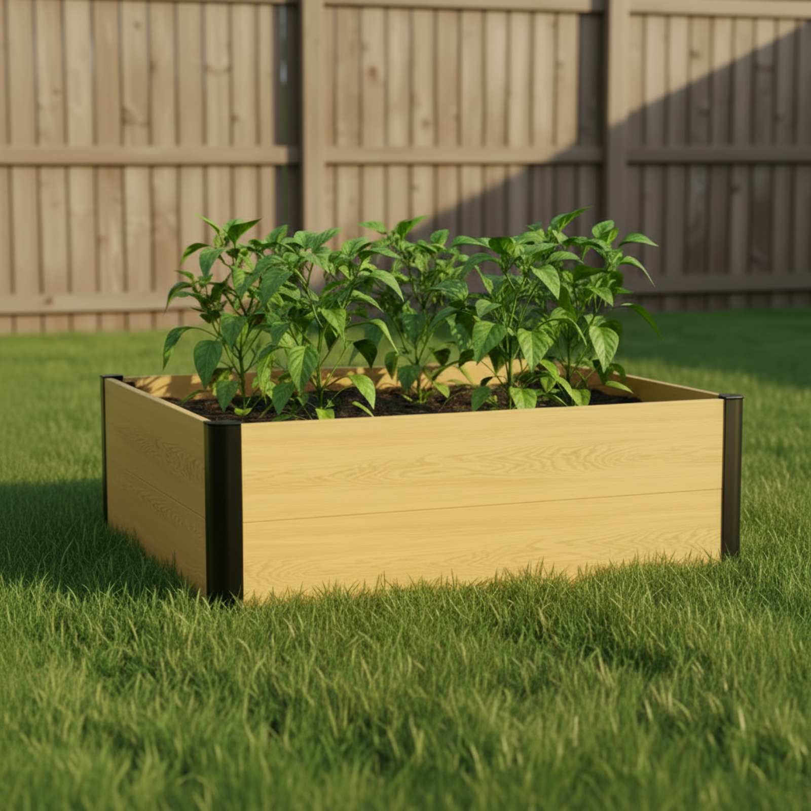 Square 4x4 woodgrain metal raised garden bed with pepper plants in a backyard setting
