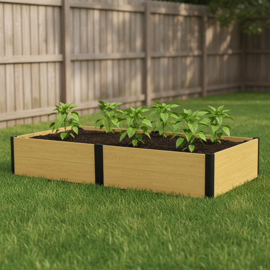 4x8 woodgrain metal raised garden bed with pepper plants in a backyard setting