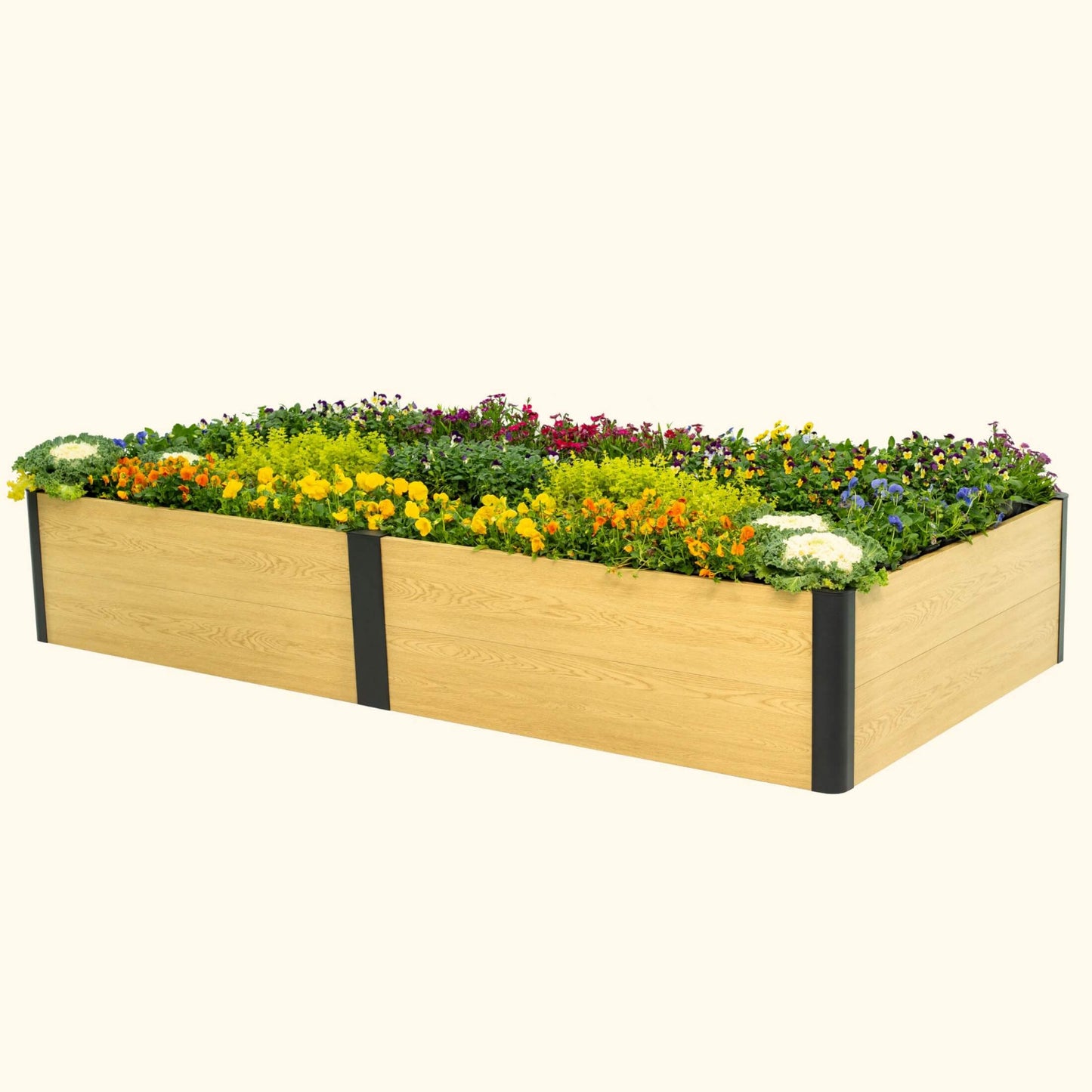 16 inch tall woodgrain 4 foot by 8 foot metal raised garden bed with flowers on a white background