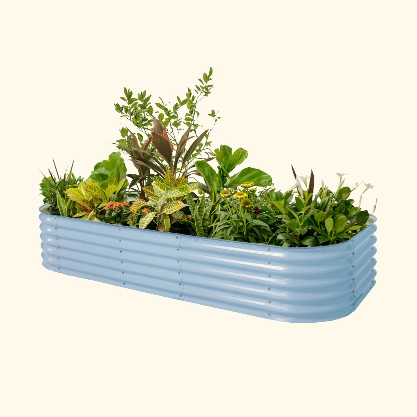 A sky blue modular metal raised garden bed kit filled with various plants and vegetables.