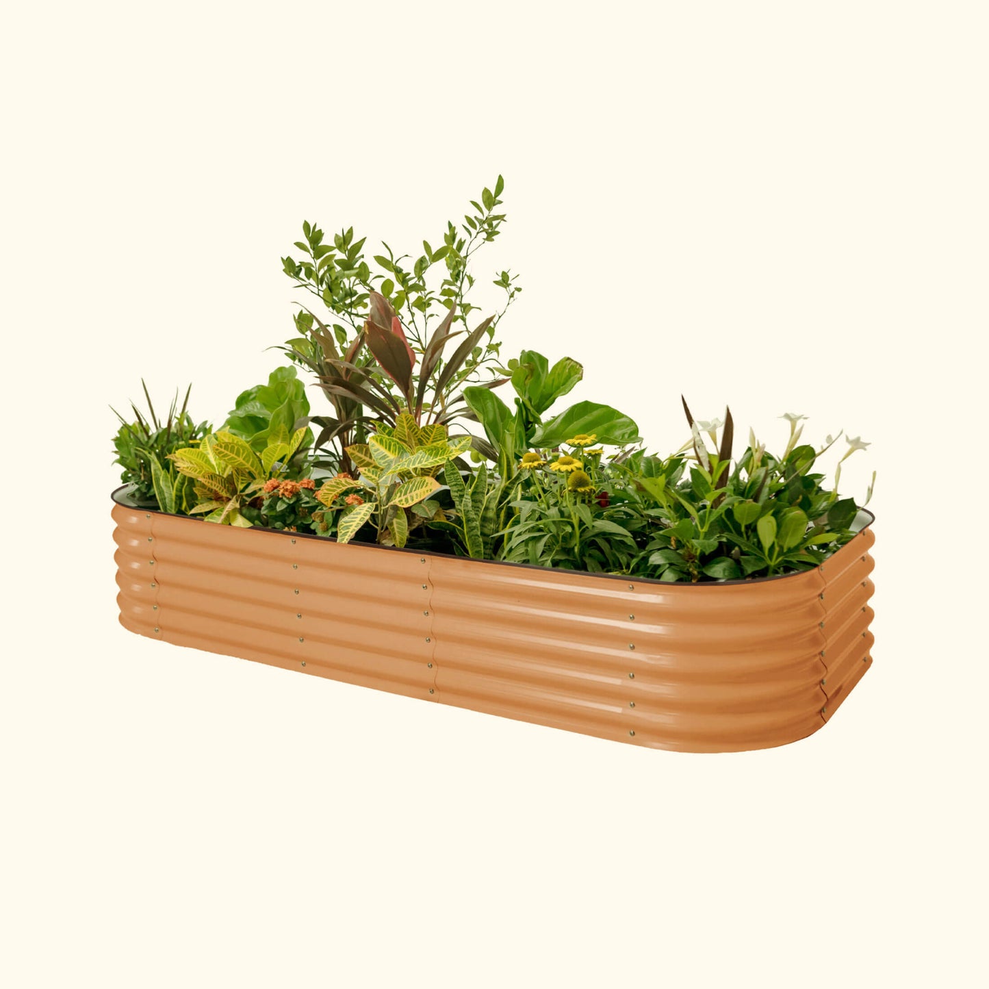 A terra cotta modular metal raised garden bed kit filled with various plants and vegetables.