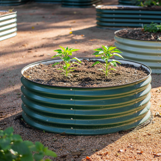 Lifestyle image of round raised garden bed with young pepper plants in a landscape space.
