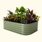 An olive green 6 in 1 small modular metal raised garden bed with colorful flowers and plants on a white background.