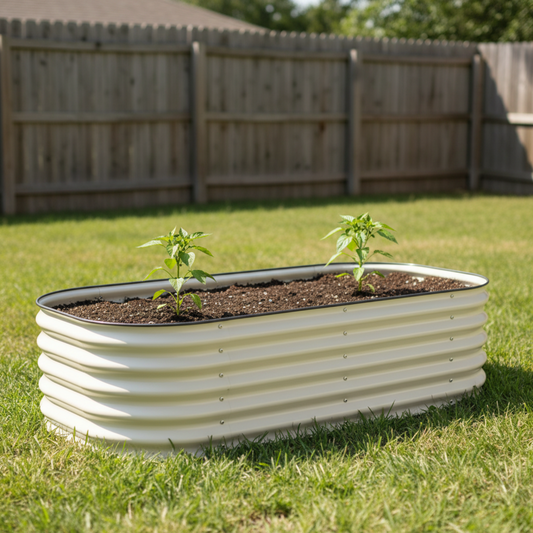 Image of the pearl white 6 in 1 small modular metal raised garden bed with two young pepper plants planted in the bed sitting in a backyard. 