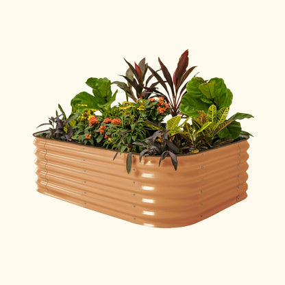 A terra cotta 6 in 1 small modular metal raised garden bed with colorful flowers and plants on a white background.
