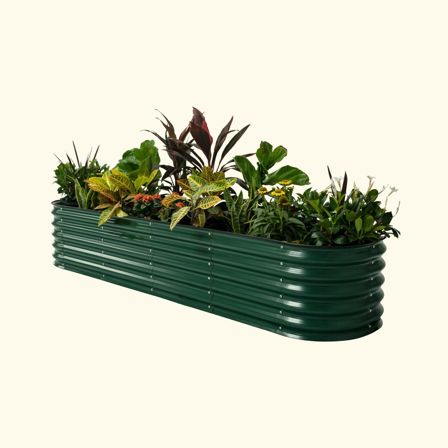 A british green 17 inch tall 9 in 1 modular metal Garden Bed with colorful flowers and plants on a white background.