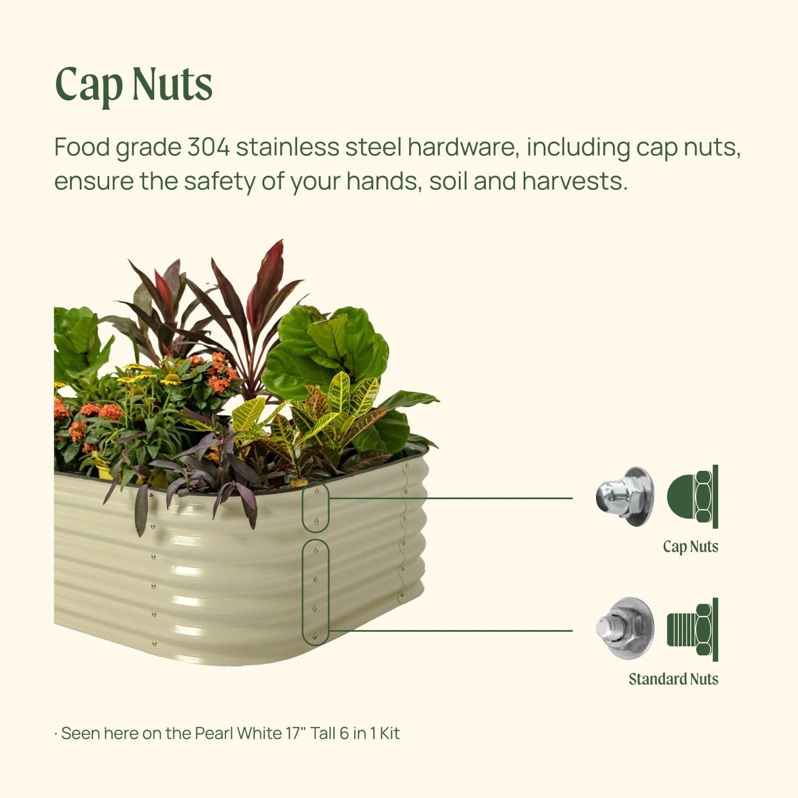 Image showing a pearl white raised garden bed with the standard and cap nuts identified on the side of the bed. Text includes food grade 304 stainless steel hardware, including cap nuts to ensure the safety of your hands, soil, and harvest.