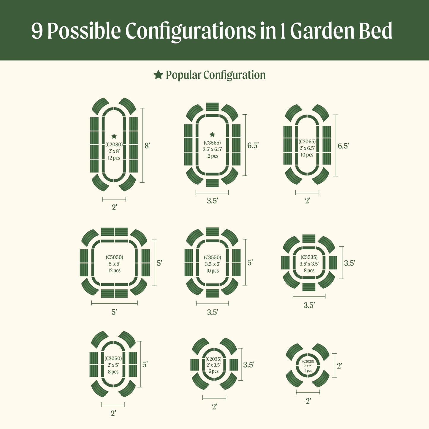 Diagram showing nine possible configurations of the 9  in 1 Small Modular Metal Raised garden beds with dimensions and quantities of each item.
