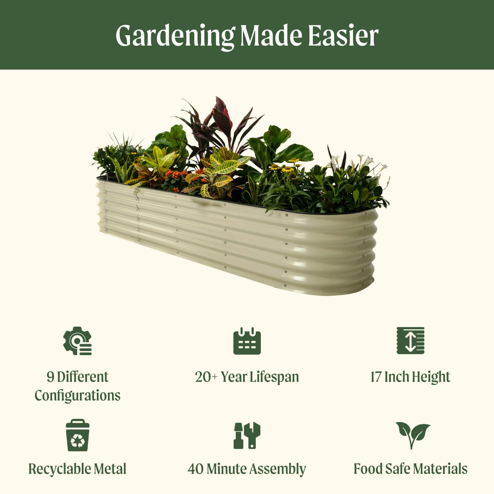 9 in 1 Medium Modular Metal Raised Garden bed with text highlighting features including: 9 different configurations, 20 plus year life span, 17 inch height, recyclable metal, 40 minute assembly, and   food safe materials.
