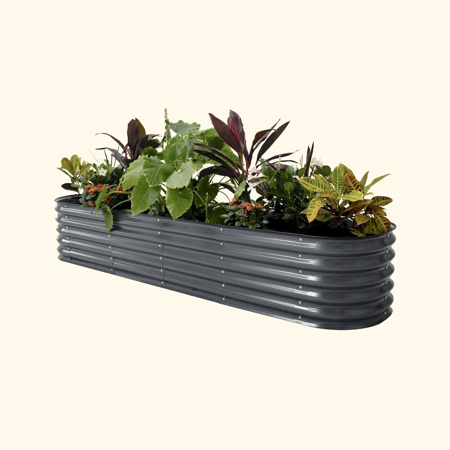 A modern gray 17 inch tall 9 in 1  modular metal Garden Bed with colorful flowers and plants on a white background.