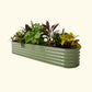 An olive green 17 inch tall 9 in 1 medium modular metal Garden Bed with colorful flowers and plants on a white background.