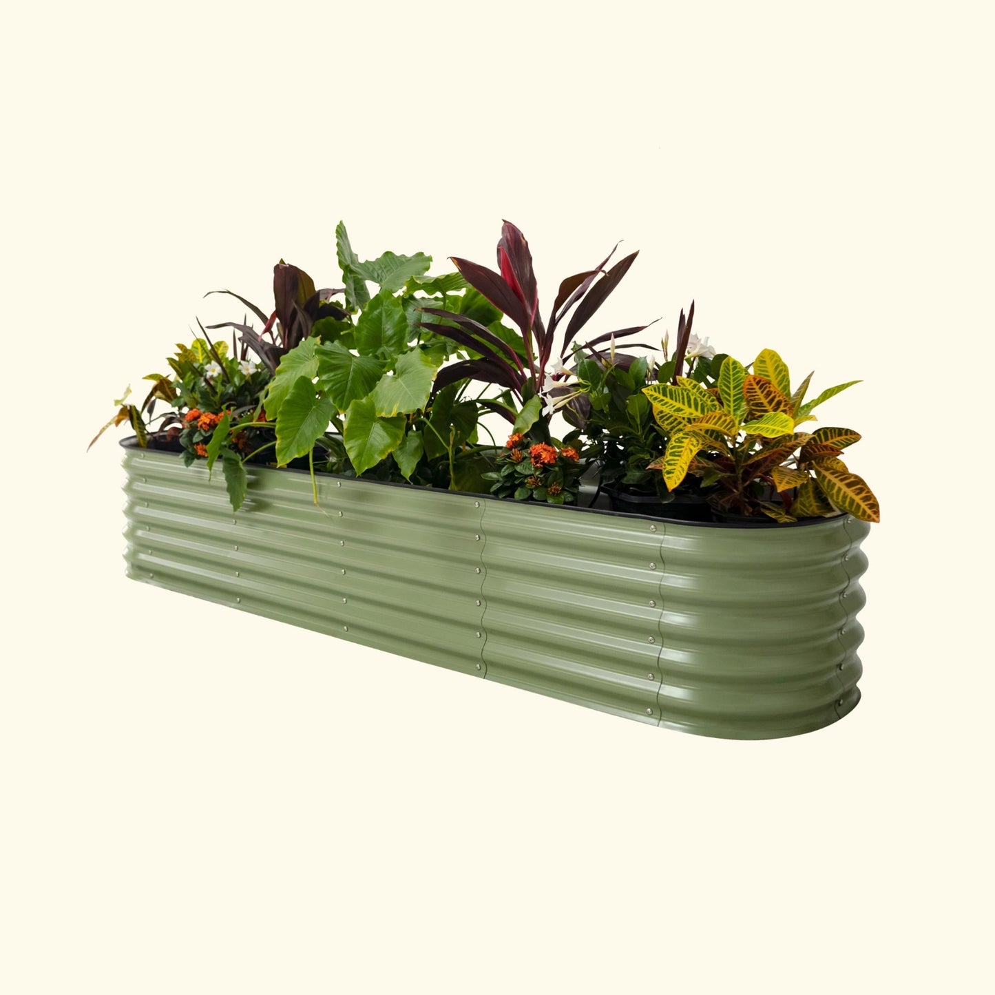 An olive green 17 inch tall 9 in 1 medium modular metal Garden Bed with colorful flowers and plants on a white background.