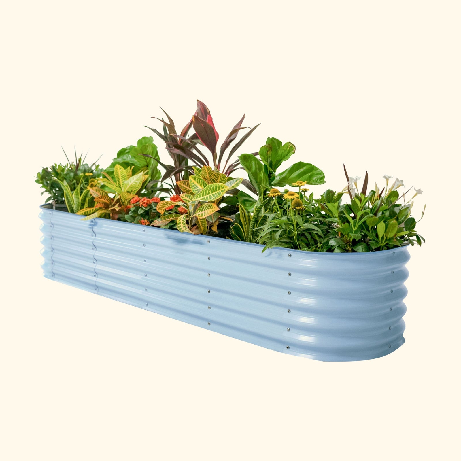 A sky blue 17 inch tall 9 in 1 modular metal Garden Bed with colorful flowers and plants on a white background.