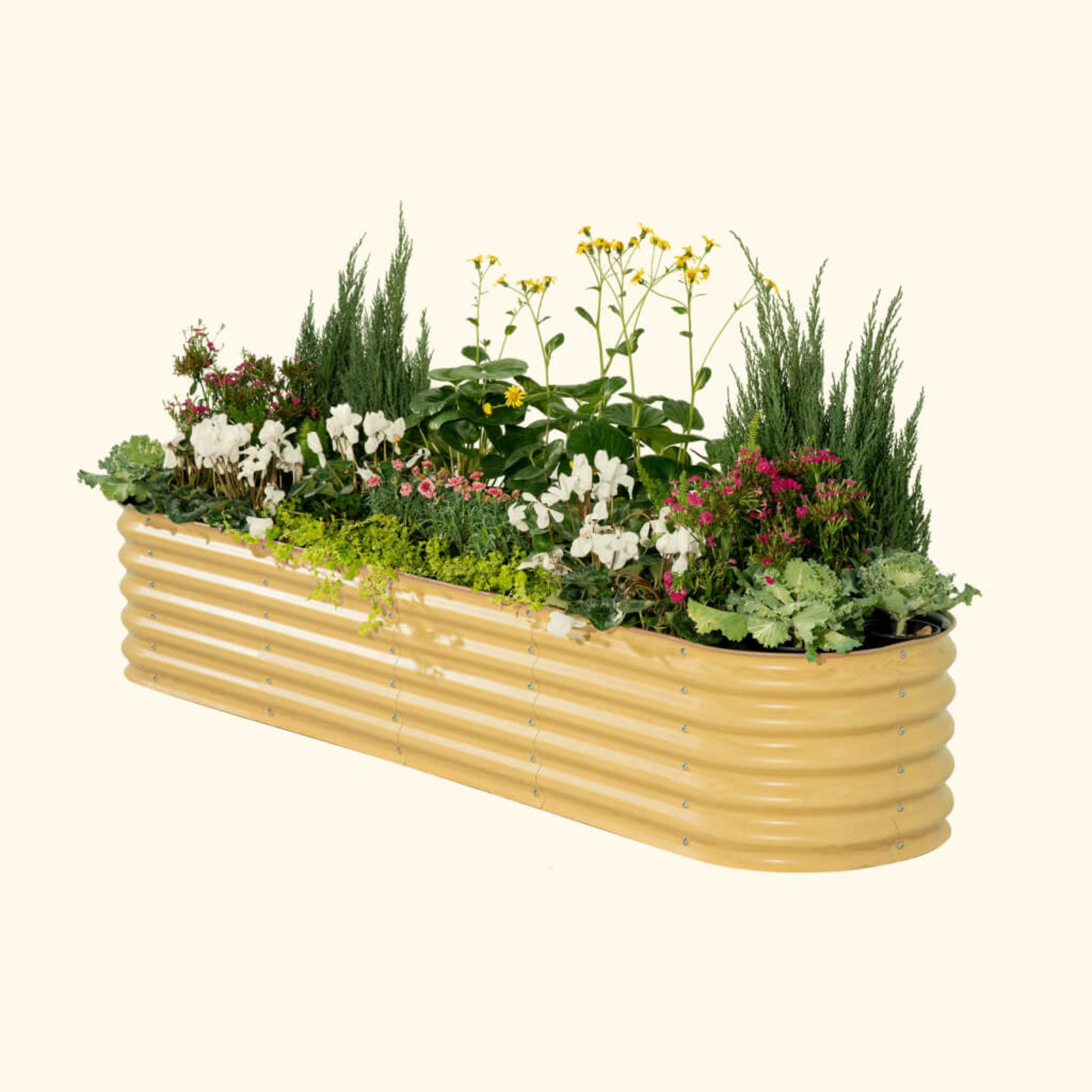 A sunlit oak 17 inch tall 9 in 1 modular metal Garden Bed with colorful flowers and plants on a white background.