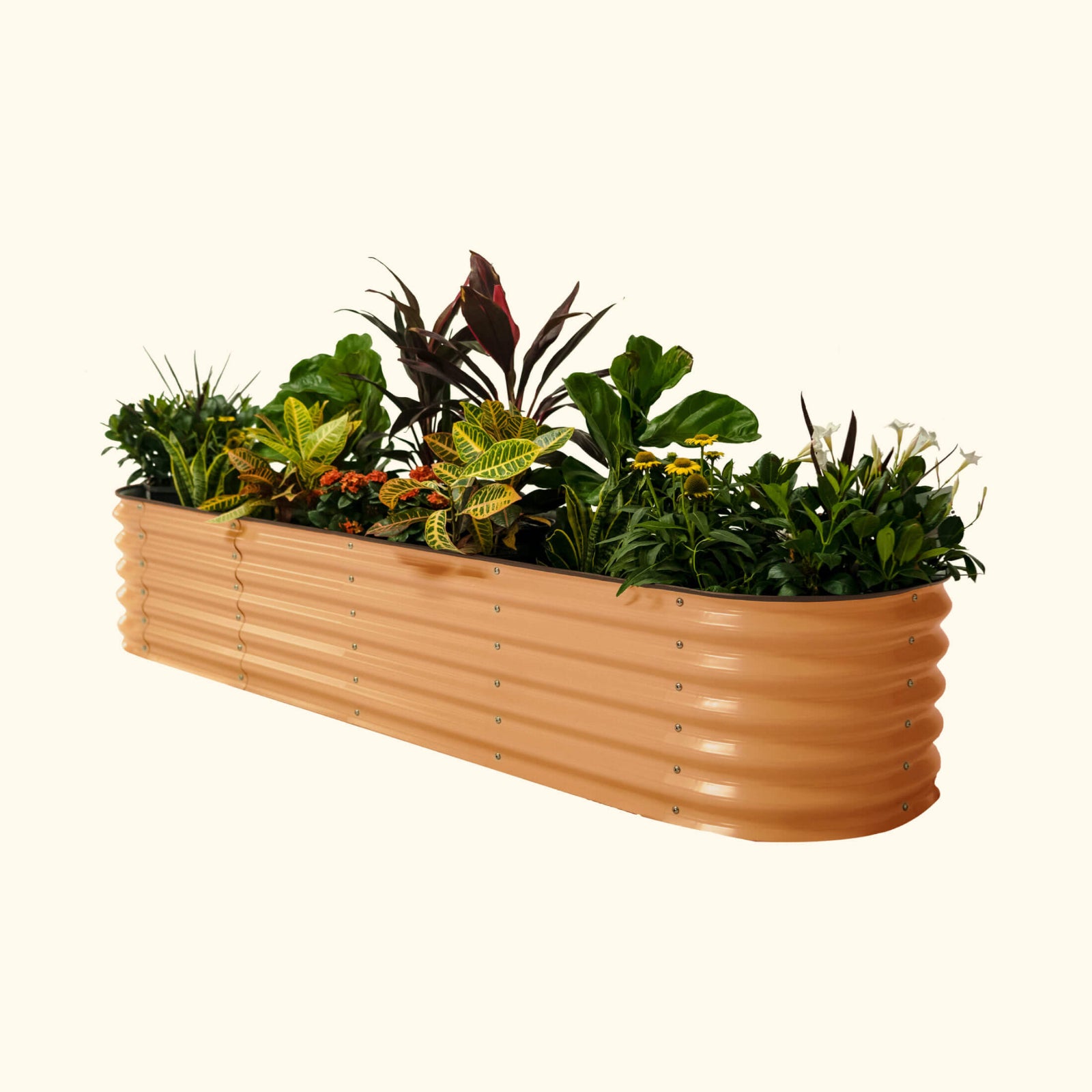 A terra cotta 17 inch tall 9 in 1 modular metal Garden Bed with colorful flowers and plants on a white background.