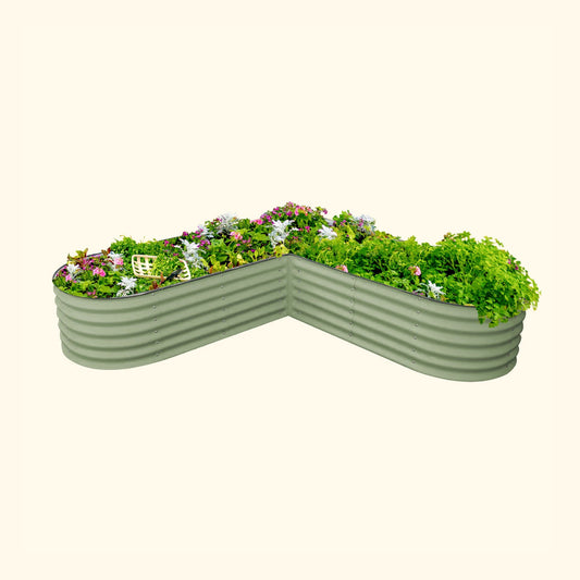 Love green large  L-Shaped modern raised garden bed with colorful flowers and plants on a white background.