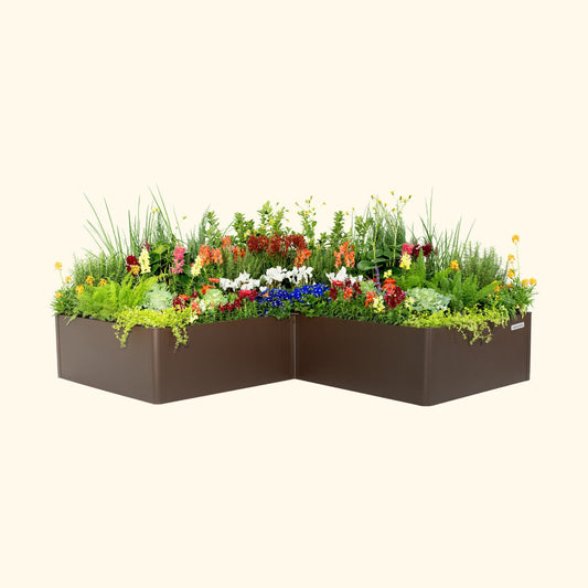 Umber Brown tall modern L-shaped raised garden bed with colorful flowers and plants on a white background.