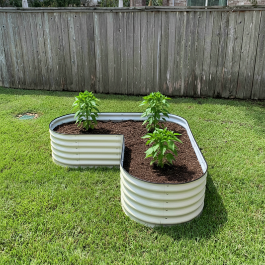 Image of the pearl white L-shaped metal raised garden bed with three young pepper plants planted in a backyard. 
