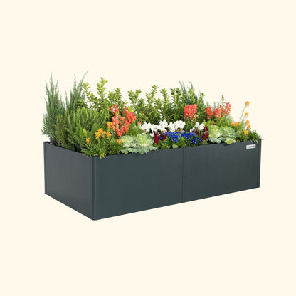 Midnight Blue tall  42 inch by 83 inch modern raised garden bed with colorful flowers and plants on a white background.