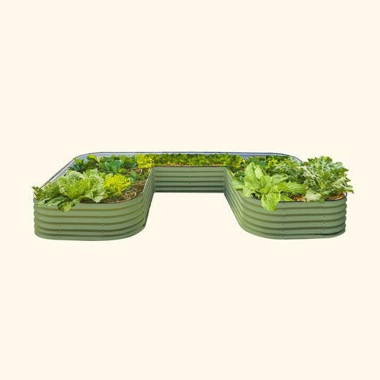 Olive Green U-Shaped modern raised garden bed jumbo size with colorful flowers and plants on a white background.