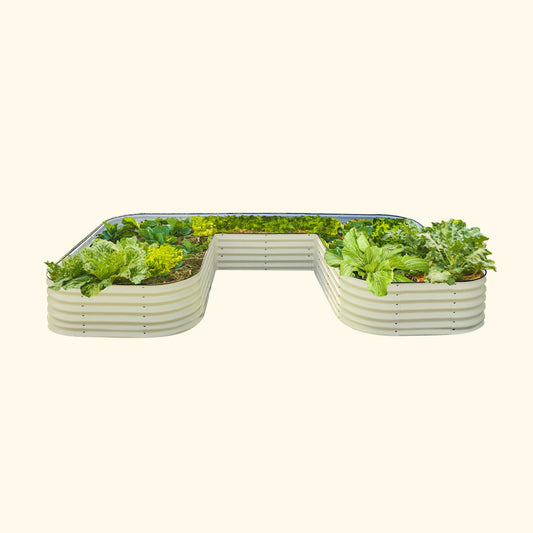 Pearl White U-Shaped modern raised garden bed jumbo size with colorful flowers and plants on a white background.