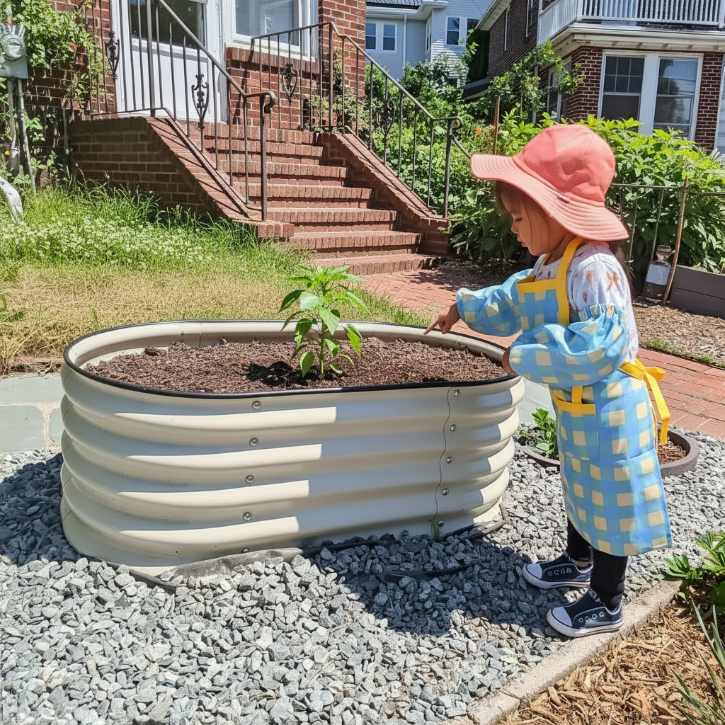 Child in a backyard with the 17 inch tall kids first raised garden bed with a young pepper plant growing.