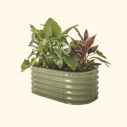 Modern Gray kids raised garden bed with colorful flowers and plants on a white background.