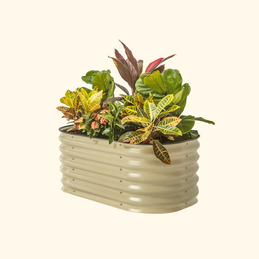 Pearl White kids raised garden bed with colorful flowers and plants on a white background.