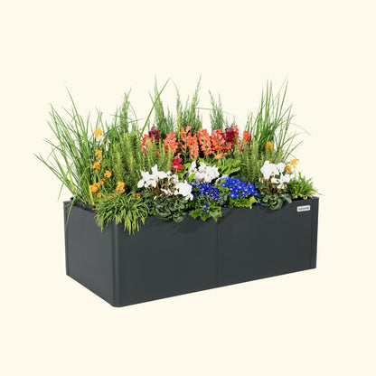 Midnight Blue tall modern raised garden bed with colorful flowers and plants on a white background.