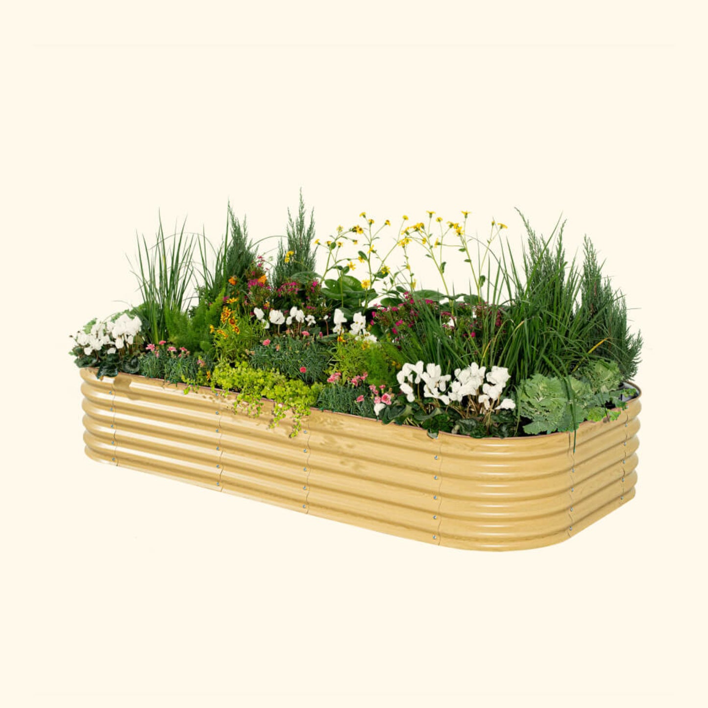 A pale yellow modular metal raised garden bed kit filled with various plants and vegetables.