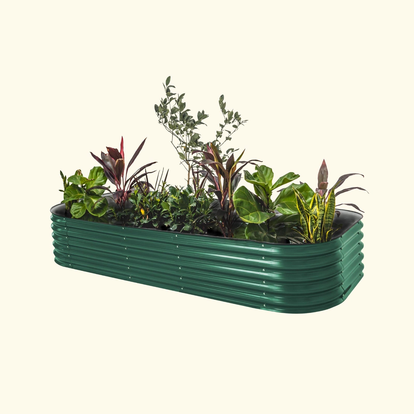A dark green modular metal raised garden bed kit filled with various plants and vegetables.