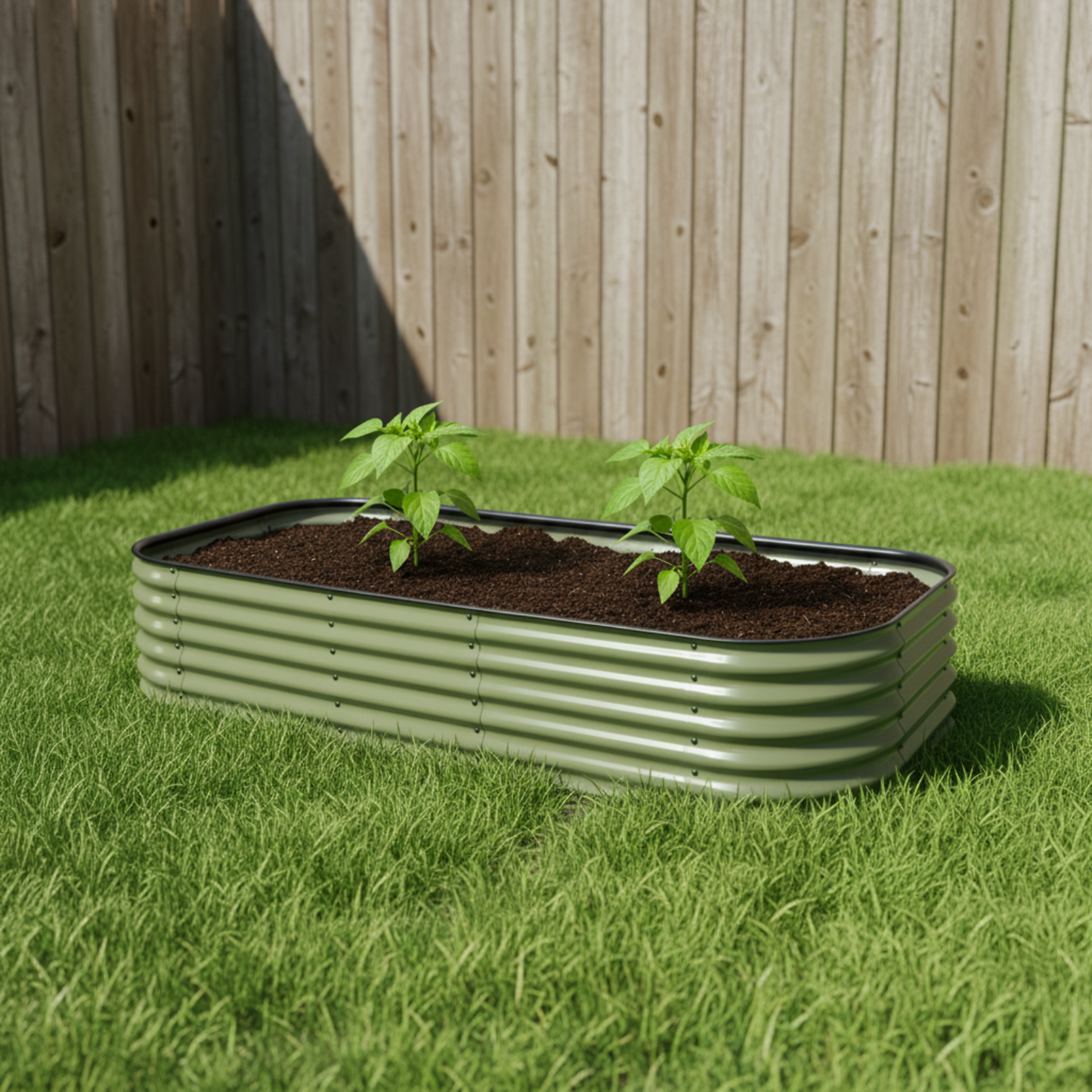 Olive green planter with two pepper plants growing in a backyard.