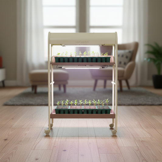 2 Tier Grow Light Garden with Storage with trays of pepper seedlings on each tier inside a home setting.