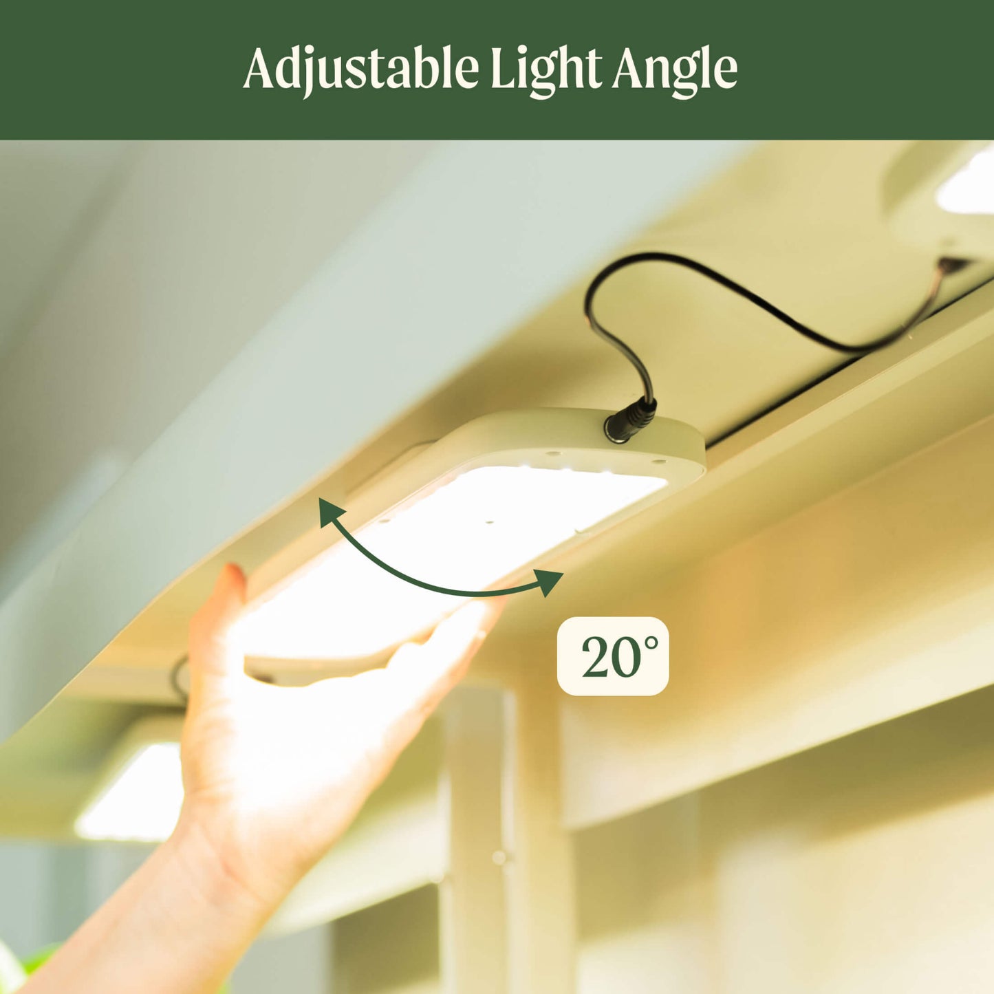 2 Tier Tabletop Indoor Grow Light with text indicating the light can be adjusted up to 20 degrees in either direction.