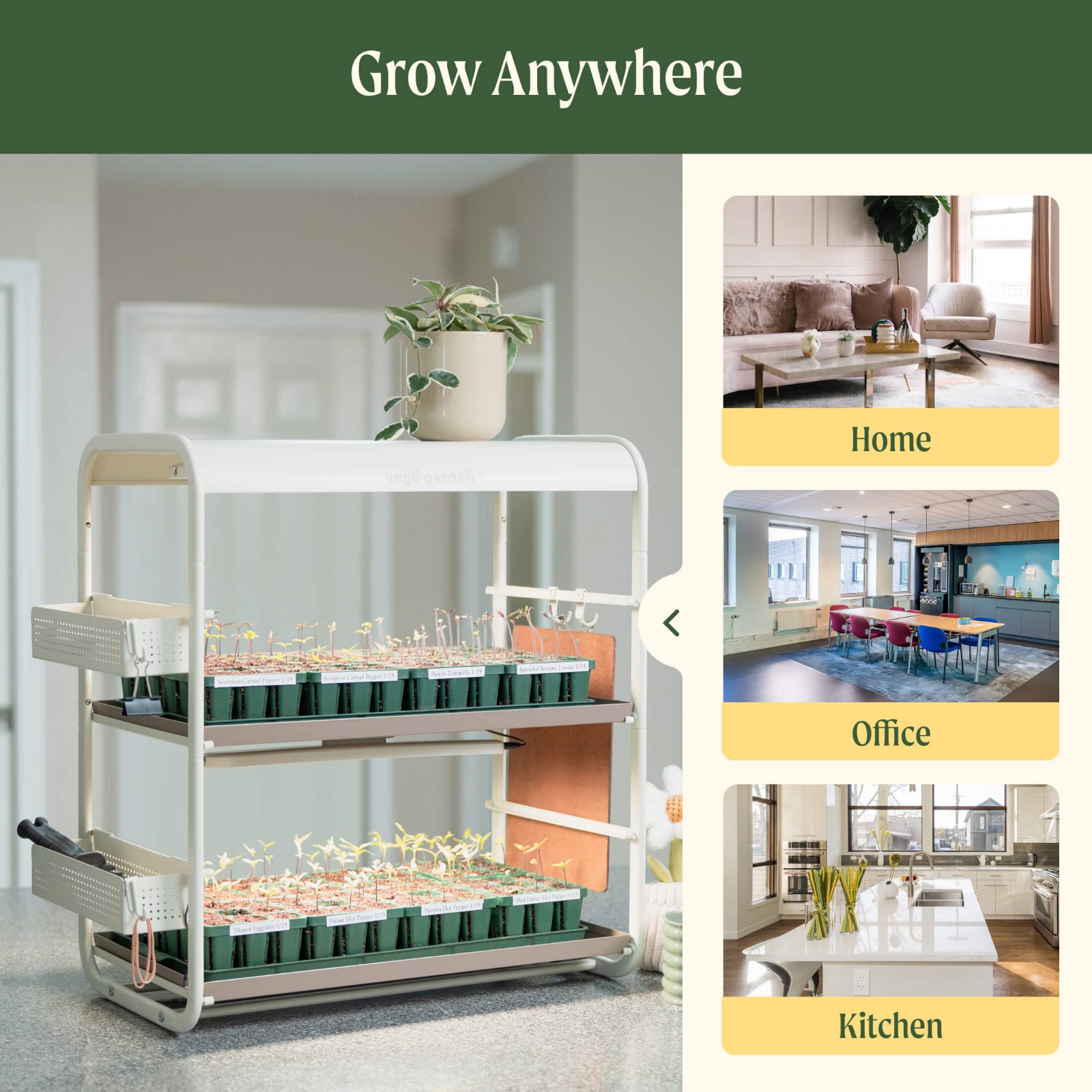 2 Tier Tabletop Indoor Grow Light with three locations noted to be able to use the system in your home, office, or kitchen.