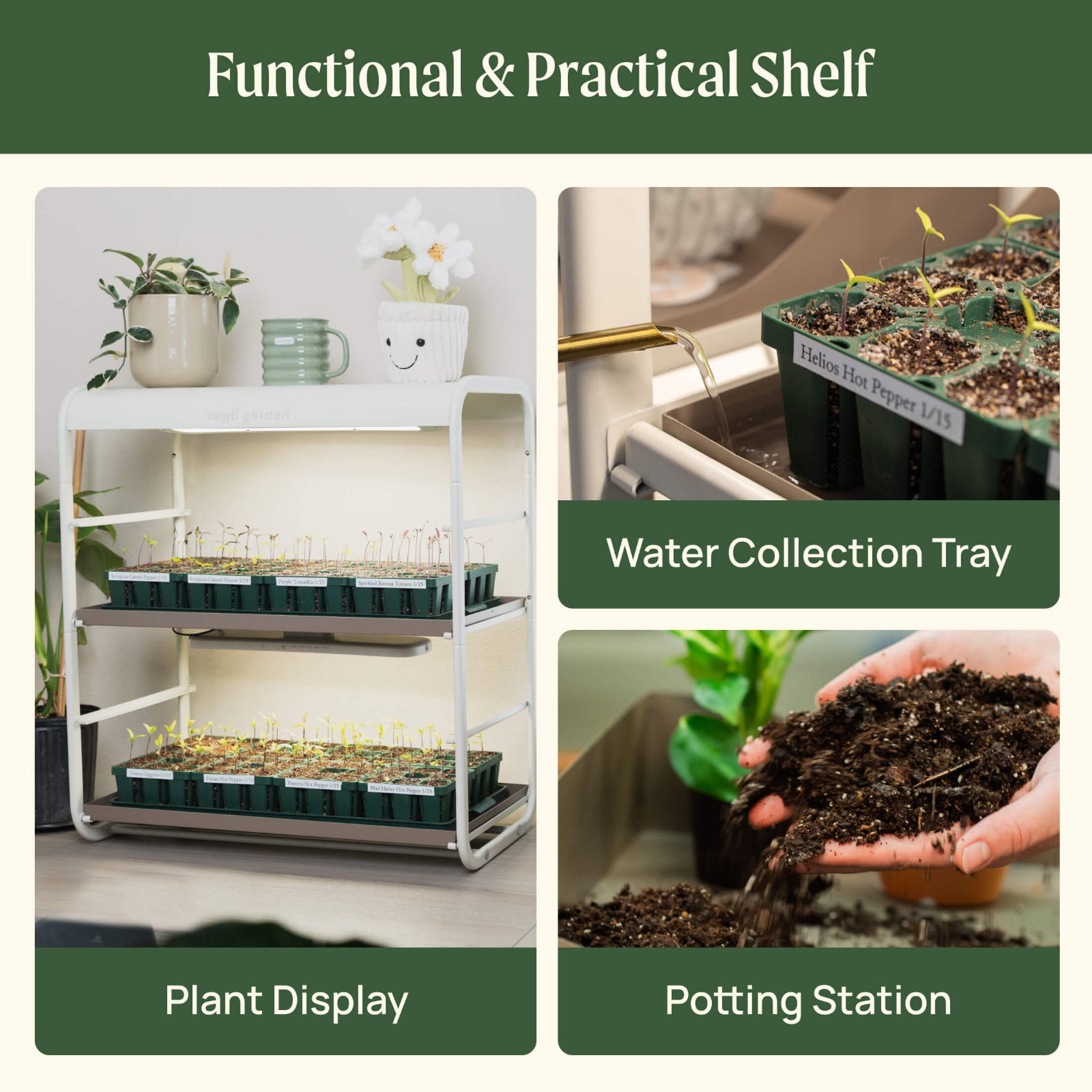2 Tier Tabletop Indoor Grow Light outlining product uses including: great for plant display, water collection tray, and potting station.