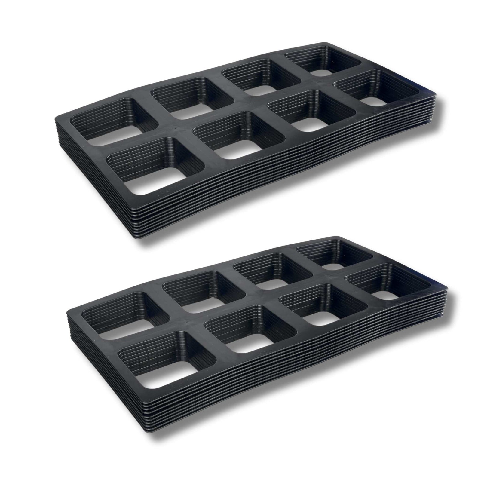 two stacks of ten tray inserts for 5" seed starting pots on white background