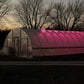 Greenhouse with interior grow lights at dusk, surrounded by leafless trees.