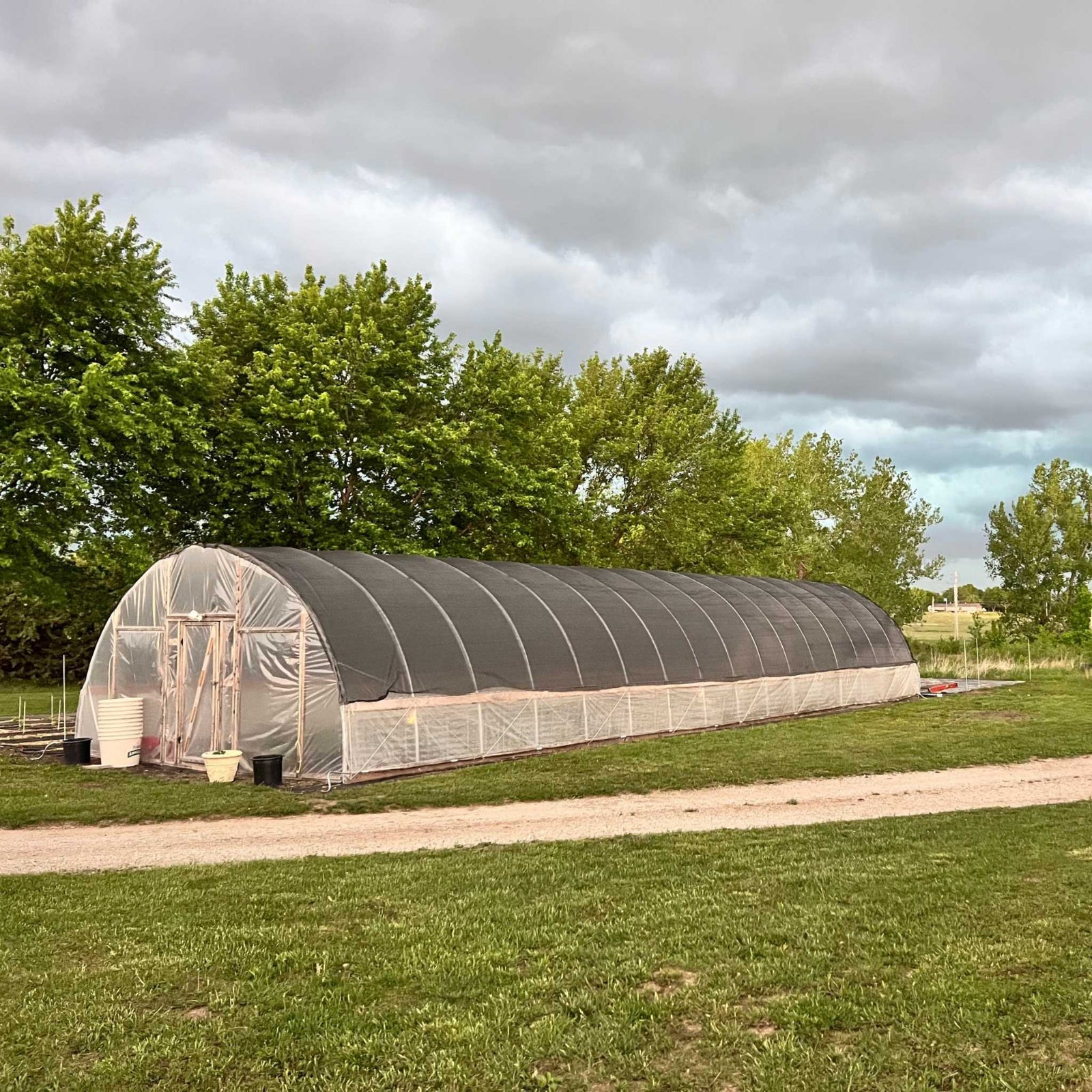 Long greenhouse structure on a grassy area with trees in the background