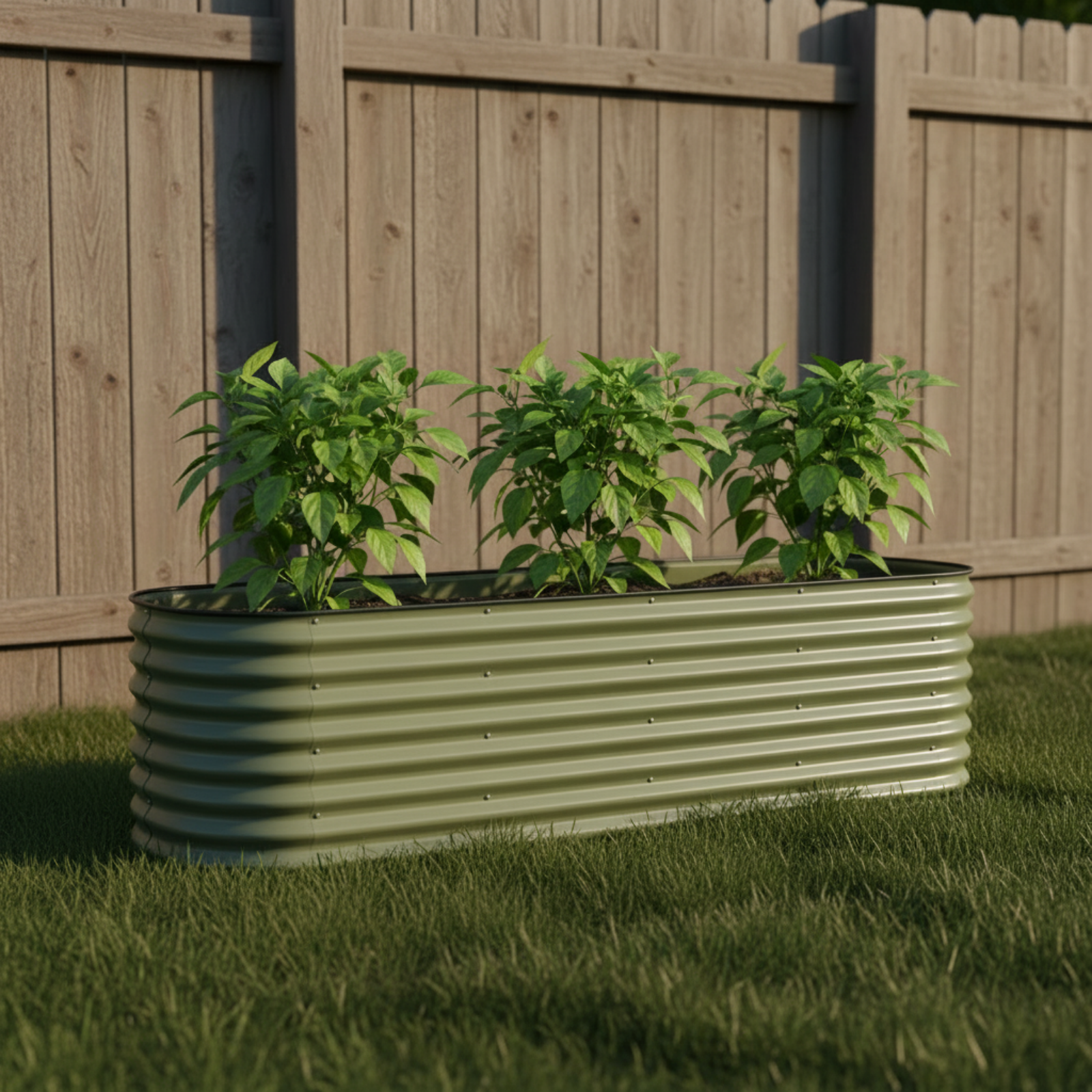 An olive green elevated garden bed with three young pepper plants growing in a backyard setting.