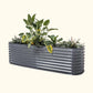 A modern gray elevated garden bed with color plants inside on a white background.