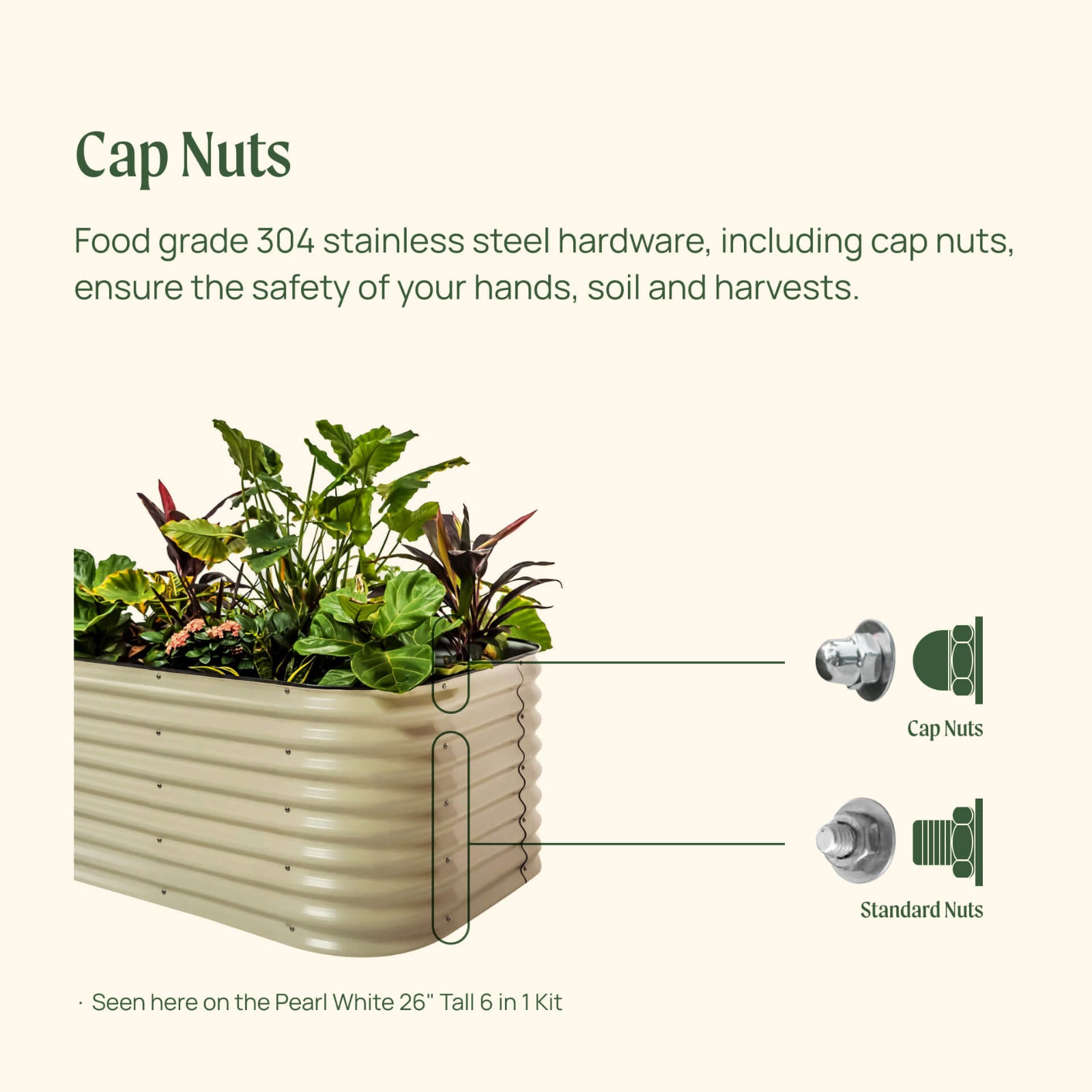 Image showing a pearl white raised garden bed with the standard and cap nuts identified on the side of the bed. Text includes food grade 304 stainless steel hardware, including cap nuts to ensure the safety of your hands, soil, and harvest.