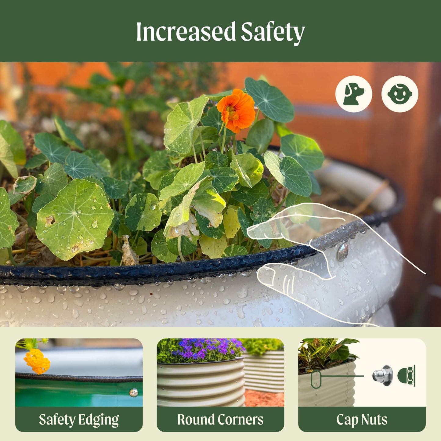 Garden planter with plants, safety features highlighted including safety edging, round corners, cap nuts, and text 'Increased Safety'.