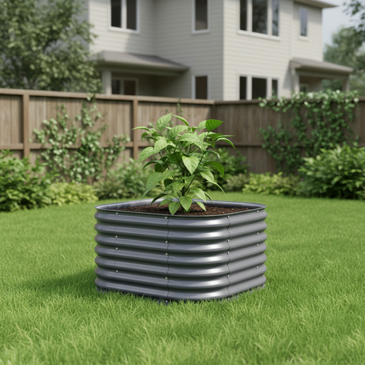 Modern gray raised garden bed with one young pepper plant in fenced backyard.