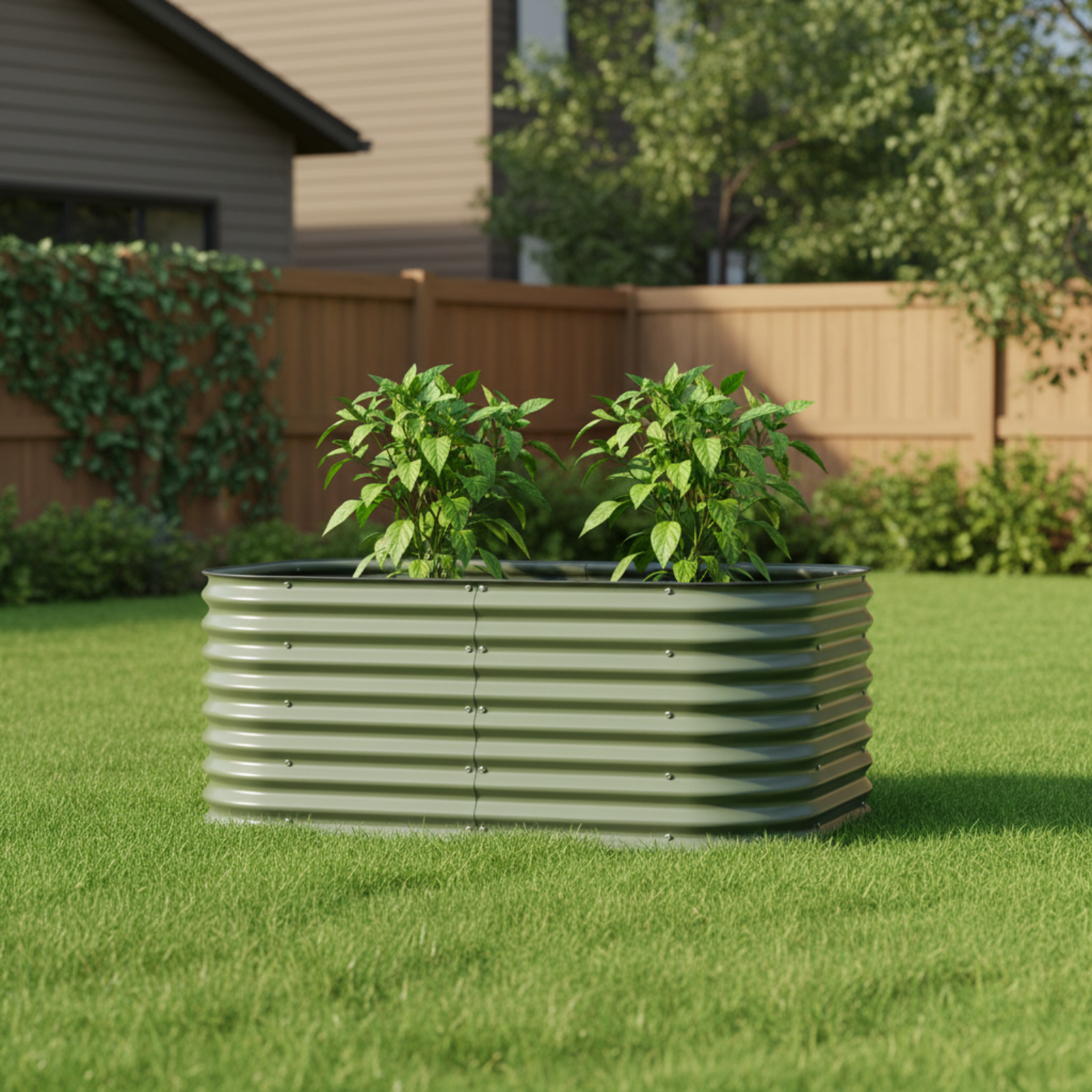Tall olive green modular raised bed with two pepper plants in clean backyard