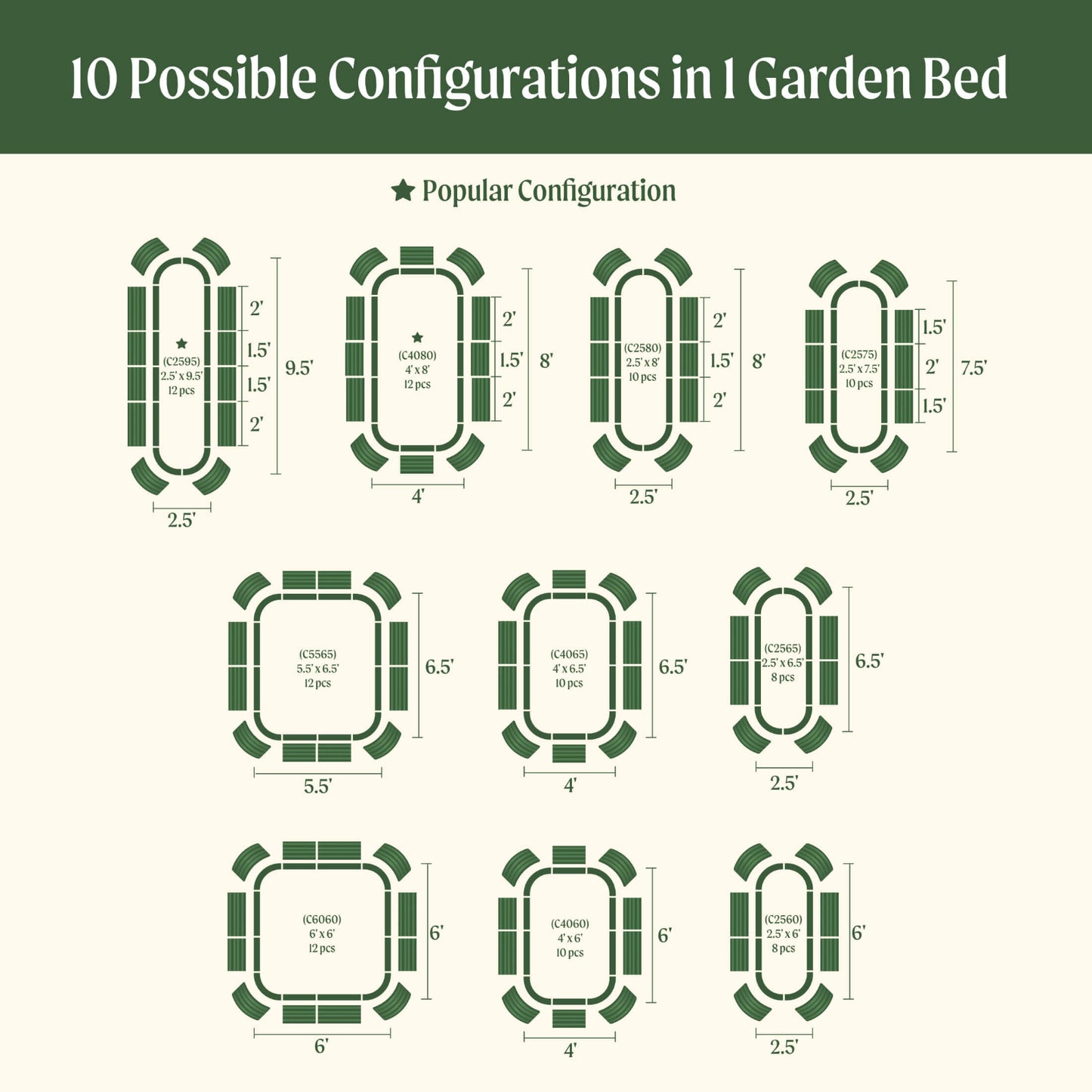 Diagram showing ten possible configurations of the 10 in 1 Small Modular Metal Raised garden beds with dimensions and quantities of each item.
