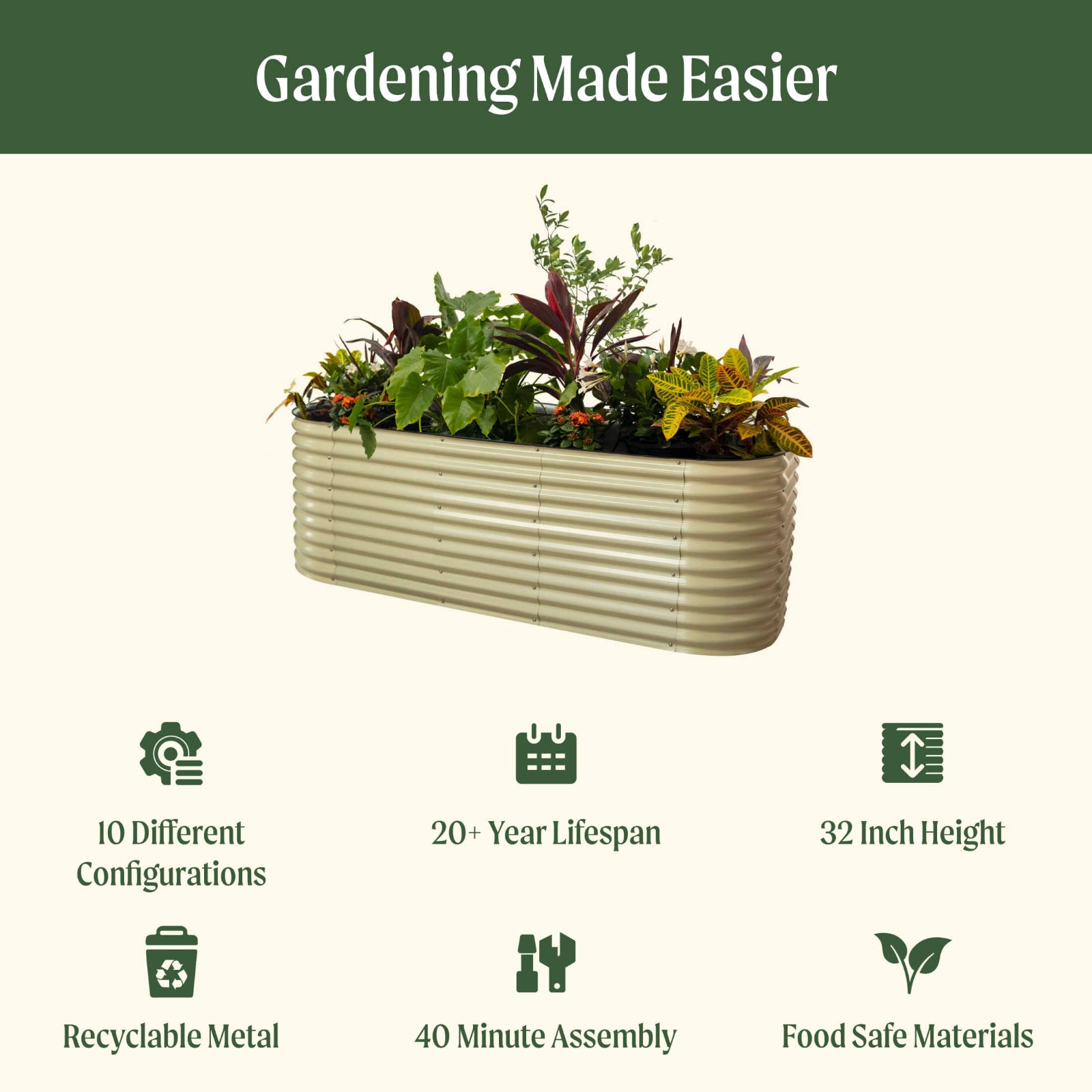10 in 1 Jumbo Modular Metal Raised Garden bed with text highlighting features including: 10 different configurations, 20 plus year life span, 32 inch height, recyclable metal, 40 minute assembly, and   food safe materials.