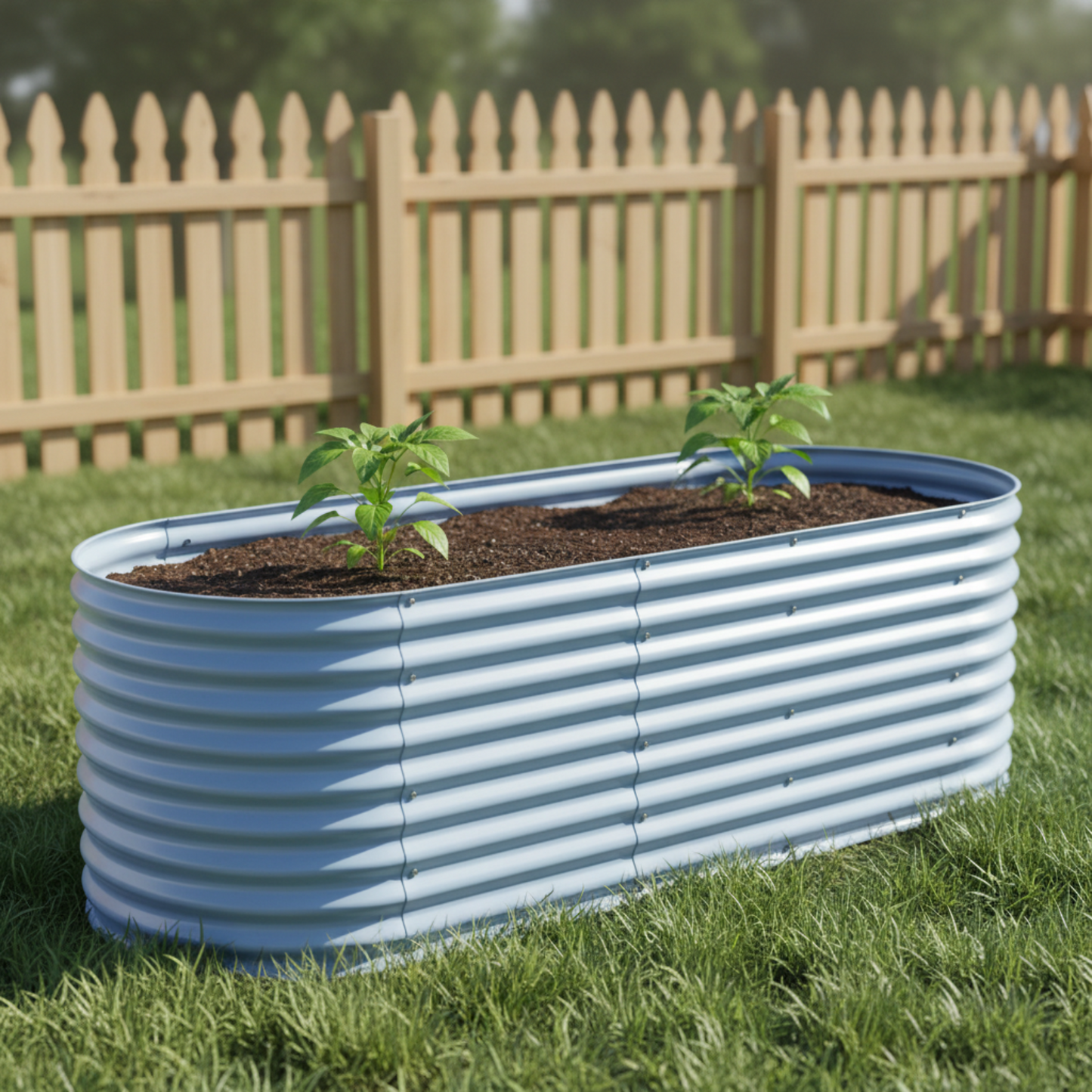 Sky blue raised garden bed with two young pepper plants in fenced backyard.