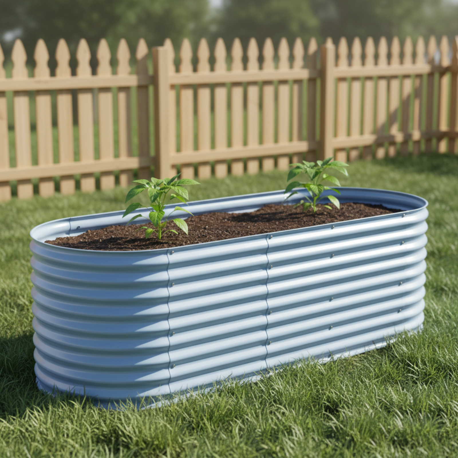 Sky blue raised garden bed with two young pepper plants in fenced backyard.