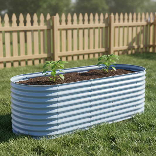 Sky blue raised garden bed with two young pepper plants in fenced backyard.